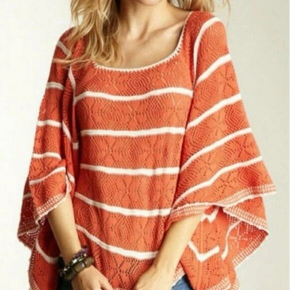 Free People women’s oversized orange and white striped knit poncho sweater - Picture 1 of 7